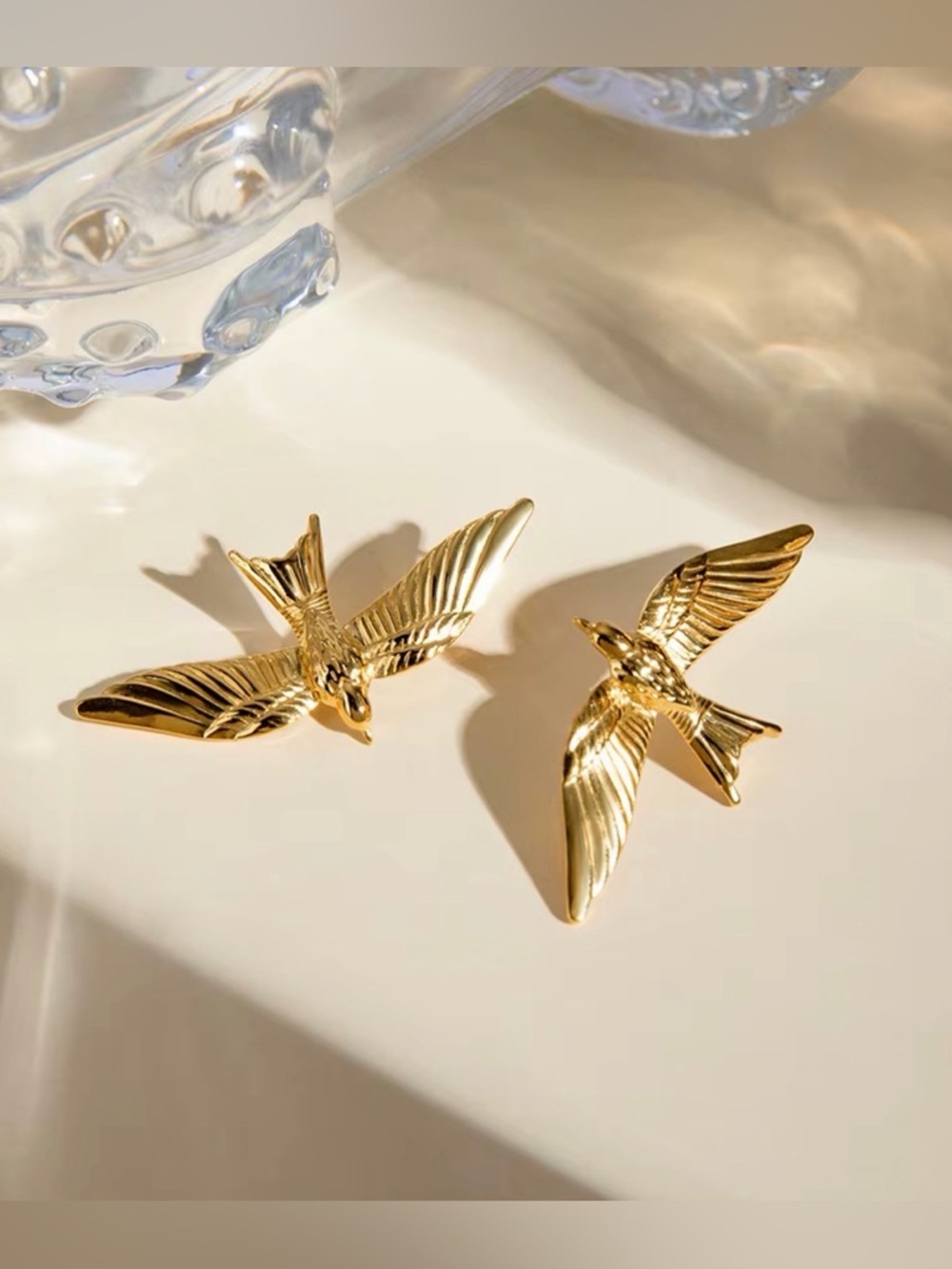 Gold Bird Wing Earrings - Vintage-Inspired Flying Swallow Design